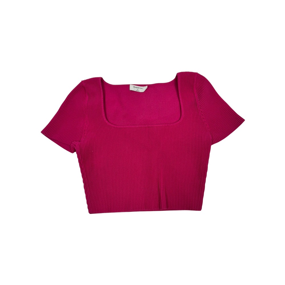 Babaton Sculpt Knit Crop Top Magenta Pink Square Neck Ribbed Short Sleeve M